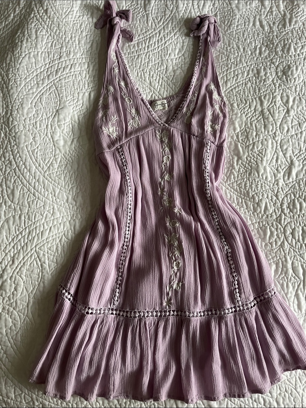 Boho Tie-Strap Lavender Dress with Embroidered Detail